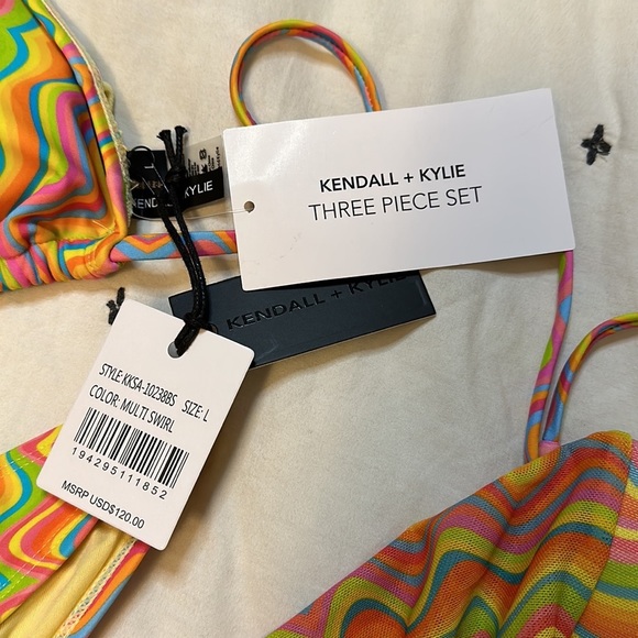 Kendall + Kylie 3 Piece Multi Swirl Swimsuit Set Size Large Pink Orange Blue - Picture 5 of 7